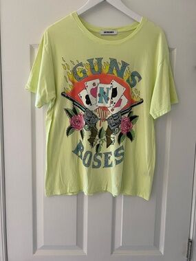 Daydreamer Neon Yellow Guns N' Roses Graphic Tee with Pink Rose Details